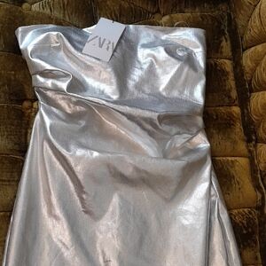 Zara Shiny Silver Strapless Dress